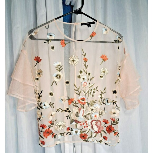 Haute Monde Sheer Embroidered Floral Top Short Sleeve Size Large - Picture 3 of 11
